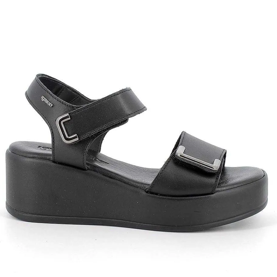 Woman Igi&Co Wedges-Black Women'S Leather Wedge Sandals