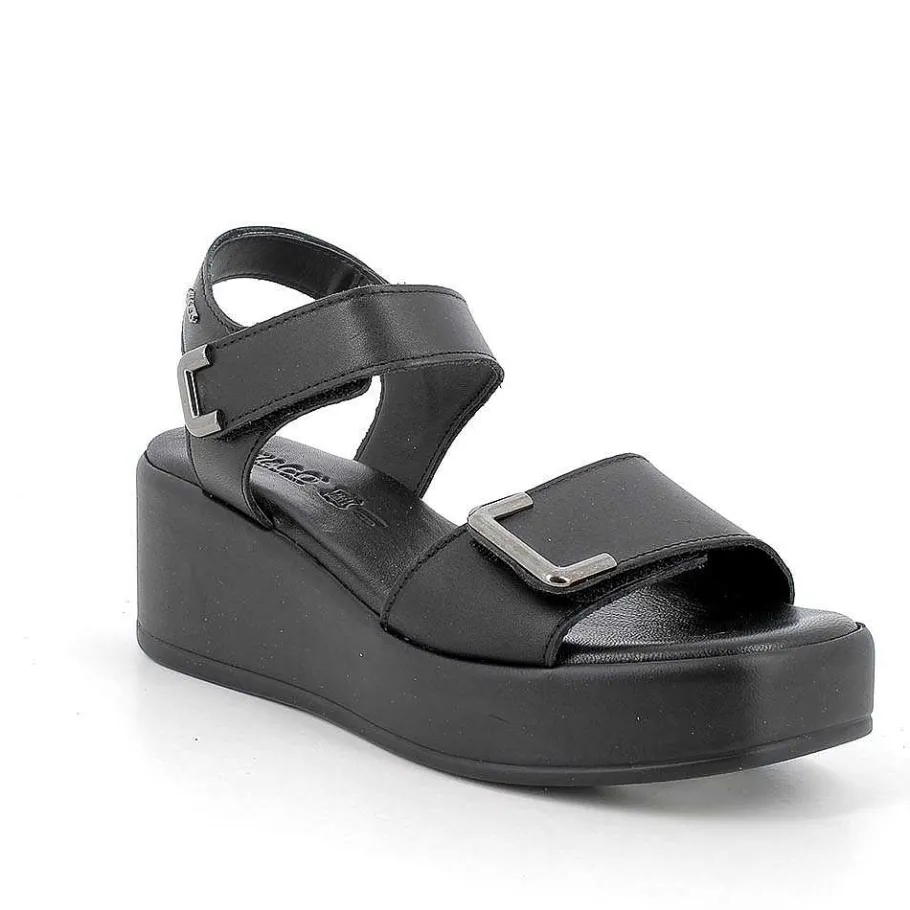 Woman Igi&Co Wedges-Black Women'S Leather Wedge Sandals