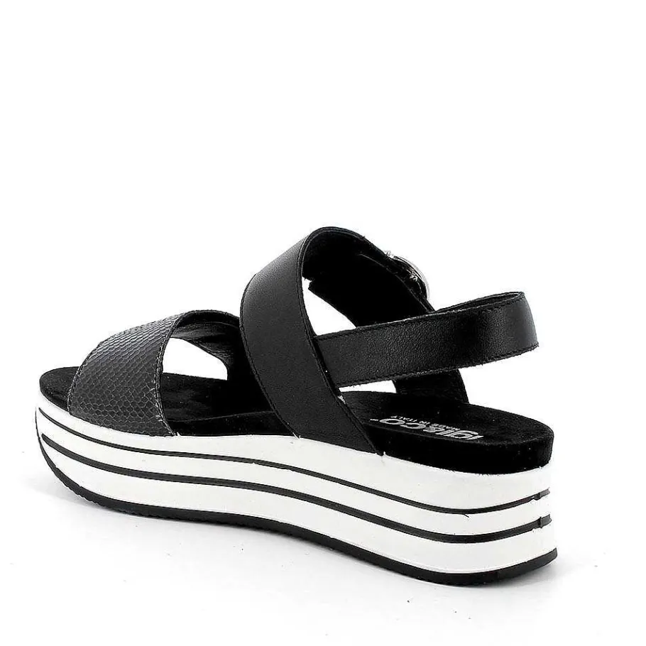 Woman Igi&Co Wedges-Black Women'S Leather Wedge Sandals
