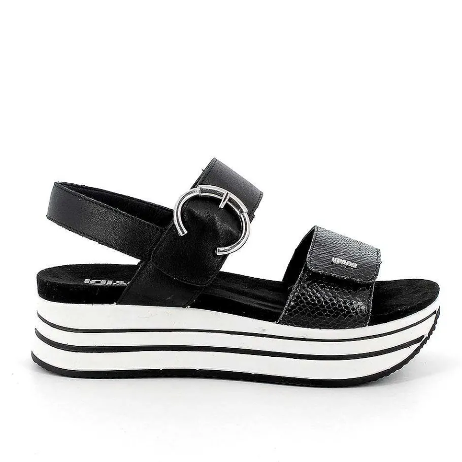 Woman Igi&Co Wedges-Black Women'S Leather Wedge Sandals