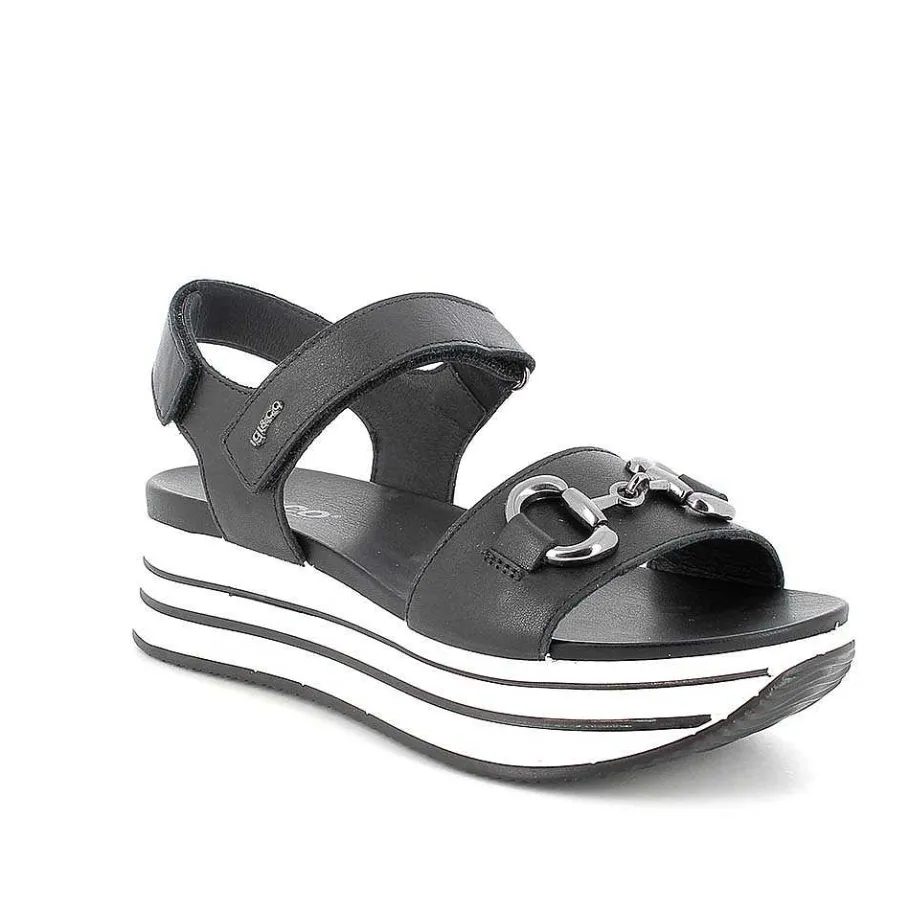 Woman Igi&Co Wedges-Black Women'S Leather Wedge Sandals