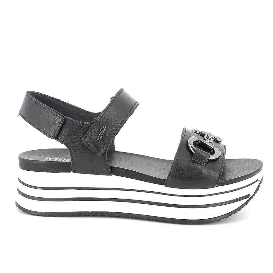 Woman Igi&Co Wedges-Black Women'S Leather Wedge Sandals