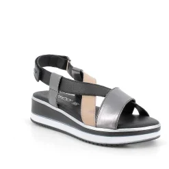 Woman Igi&Co Wedges-Black-Beige Women'S Leather Wedge Sandals