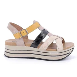Woman Igi&Co Wedges-Caramel-Black Women'S Leather Wedge Sandals