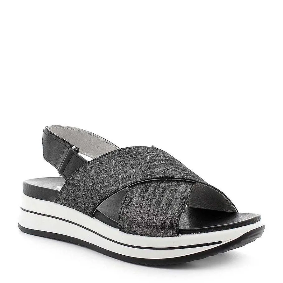 Woman Igi&Co Sandals And Flip Flops-Crossed Strap Sandal In Dark Gray Printed Leather