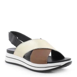 Woman Igi&Co Sandals And Flip Flops-Crossed Strap Sandal In Light Brown Leather And Platinum Laminated Leather