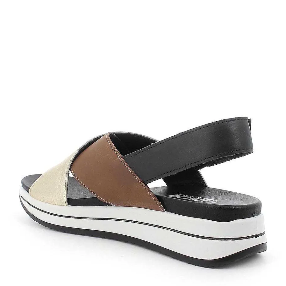 Woman Igi&Co Sandals And Flip Flops-Crossed Strap Sandal In Light Brown Leather And Platinum Laminated Leather