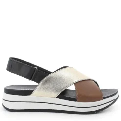 Woman Igi&Co Sandals And Flip Flops-Crossed Strap Sandal In Light Brown Leather And Platinum Laminated Leather